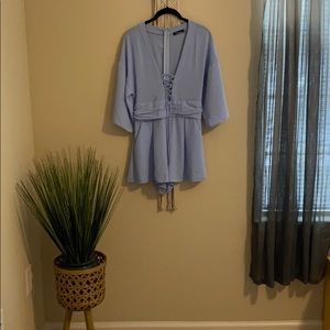 Powder/Light Blue Loose V-Neck Tie Front Romper